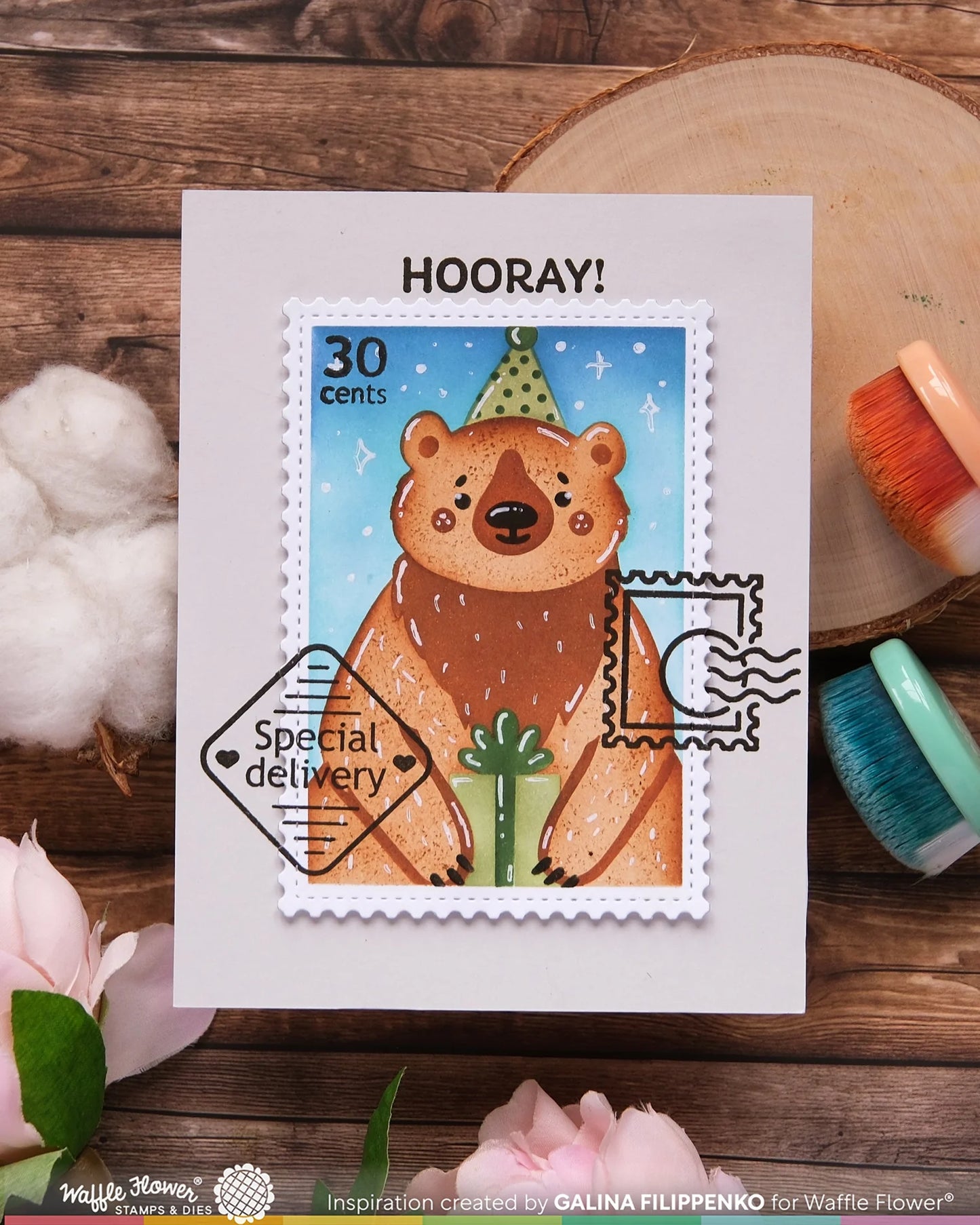Waffle Flower - Nesting Postage Collage - Party Bear Stencil