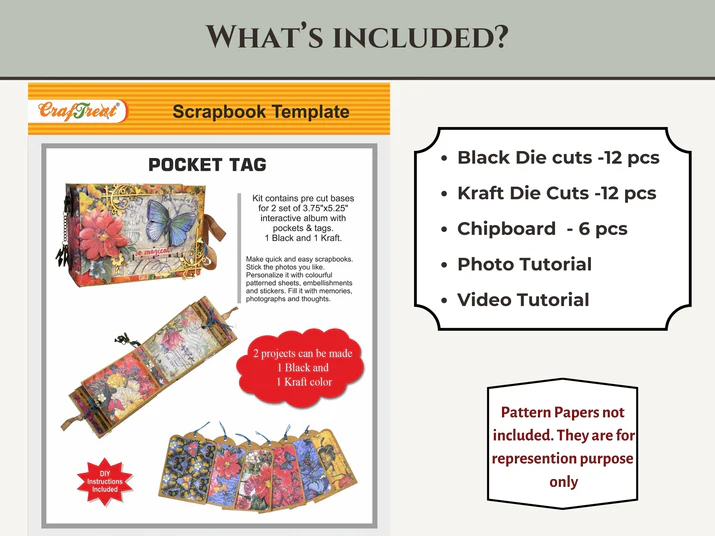 CrafTreat - Blank Precut Album Base - Pocket Tag: Black & Kraft