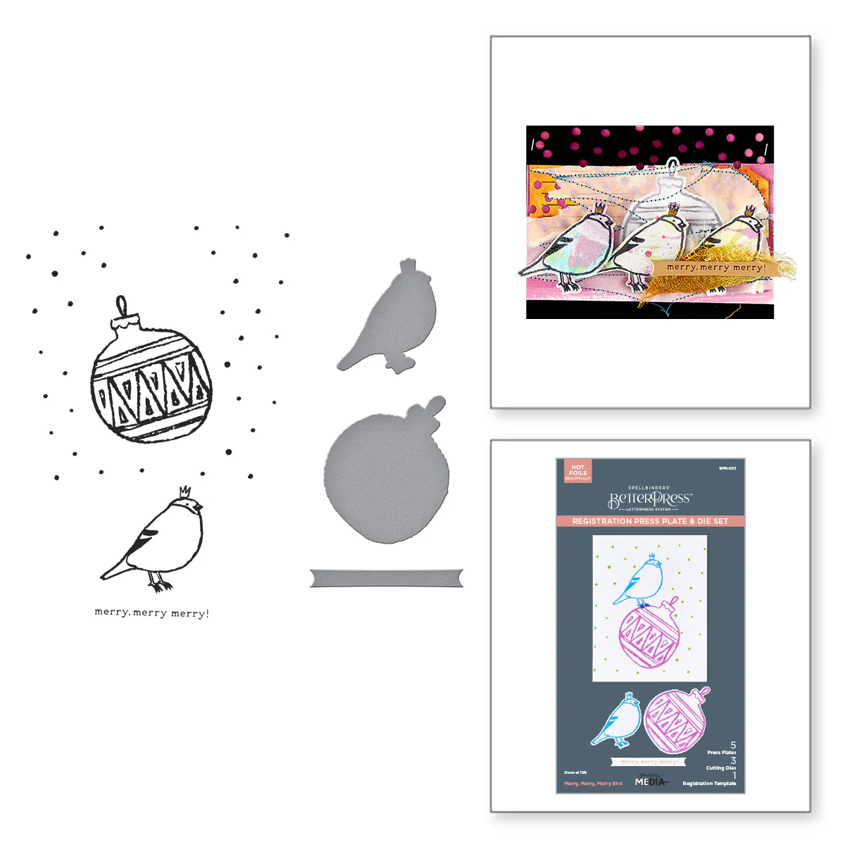 Spellbinders - BetterPress - Merry, Merry, Merry Bird Registration Press Plate & Die Bundle by Dina Wakley