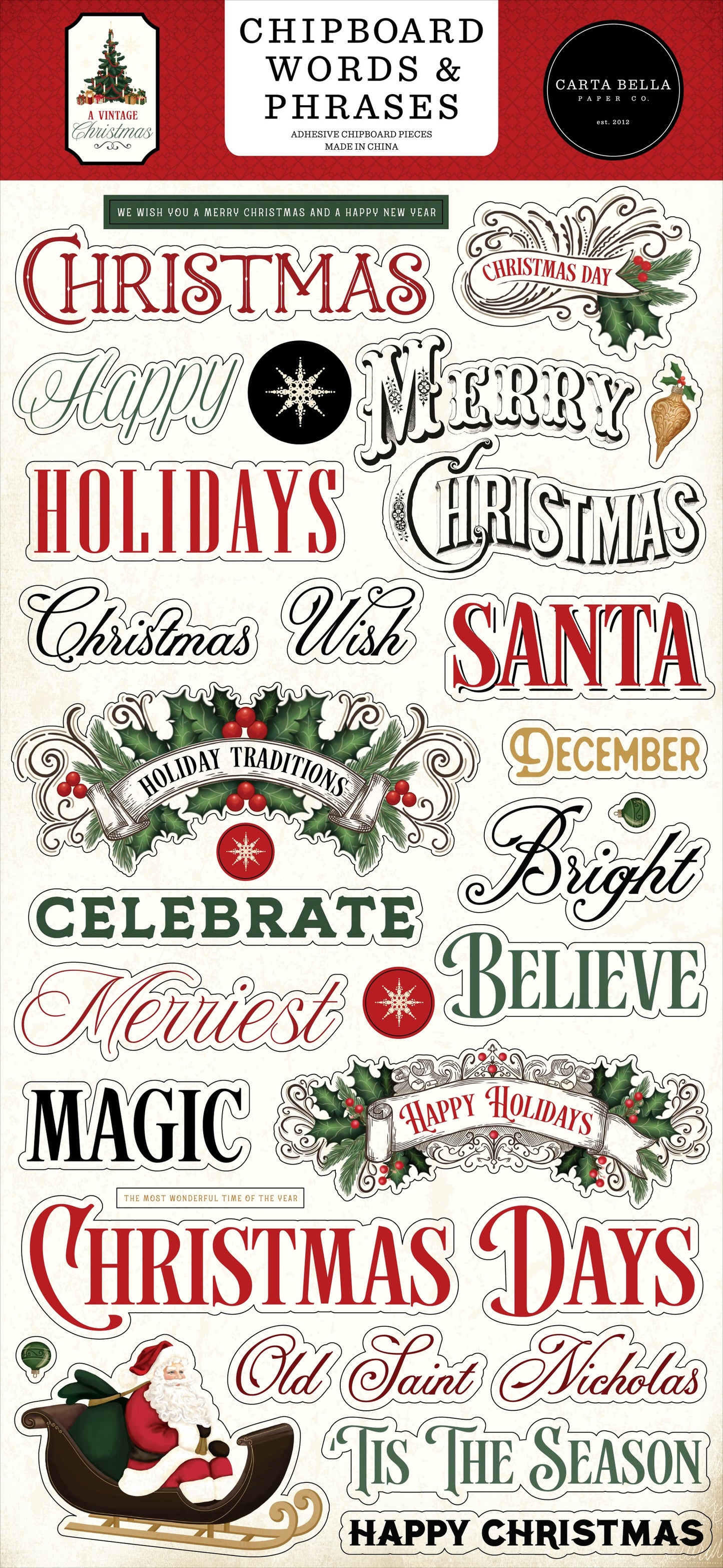 Carta Bella - A Vintage Christmas - Chipboard Words & Phrases