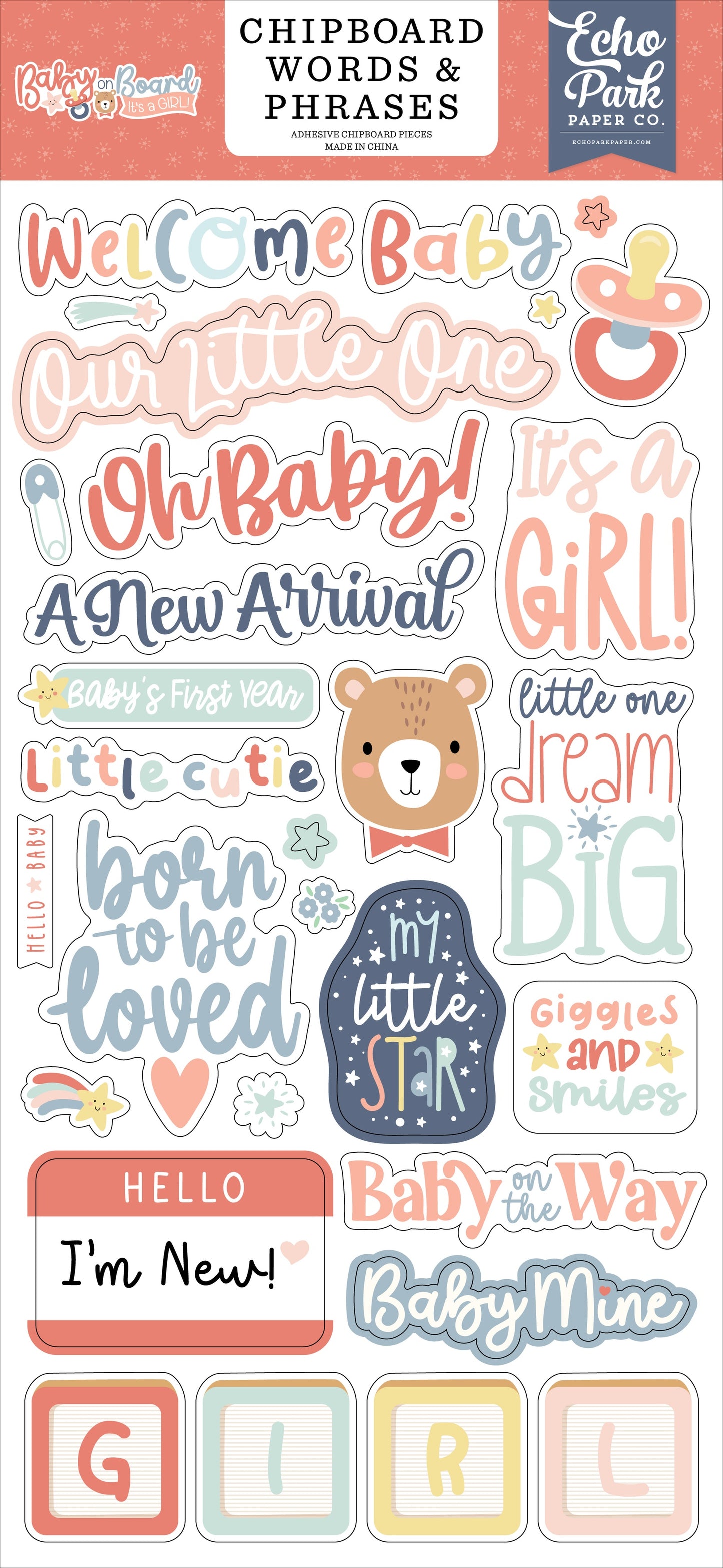 Echo Park - Baby On Board Girl - Chipboard Words & Phrases