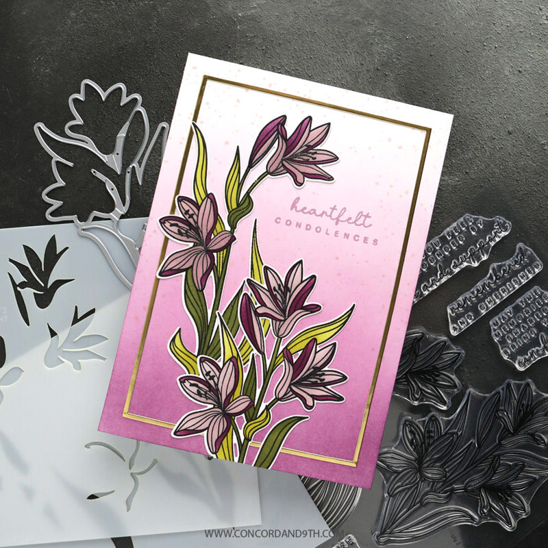 Concord & 9th - Long Line Lilies Stamp, Die & Stencil Bundle by Kristina Werner