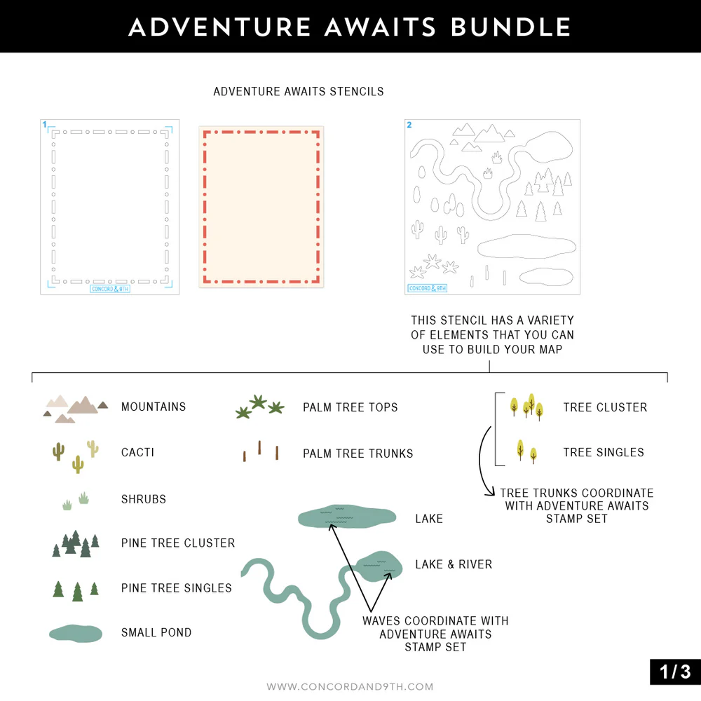 Concord & 9th - Adventure Awaits Stamp, Die & Stencil Bundle