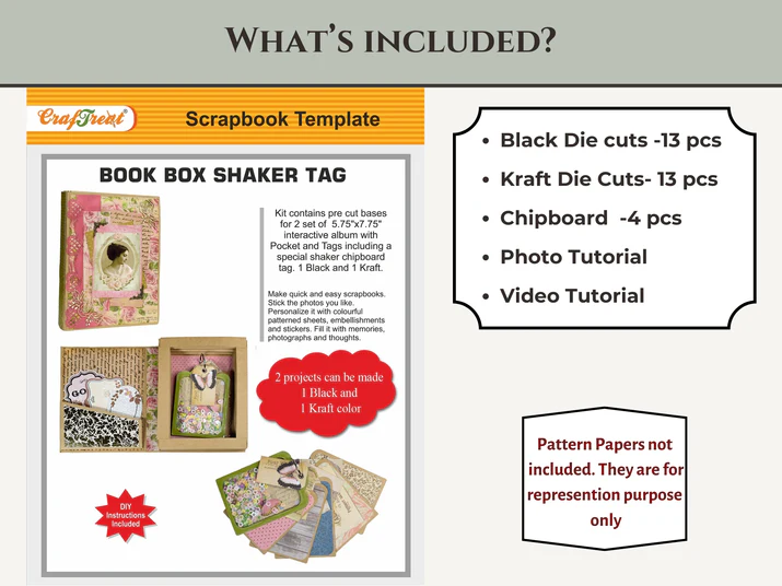 CrafTreat - Blank Precut Album Base - Book Box Shaker Tag: Black & Kraft