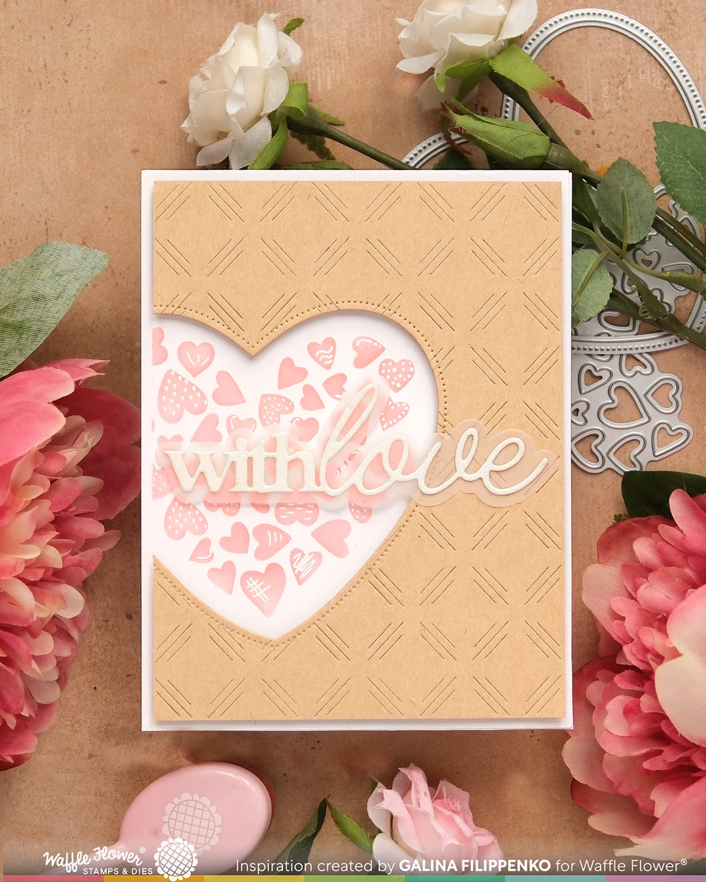 Waffle Flower - Inlaid Hearts Die-n-stencil & Stamp Bundle