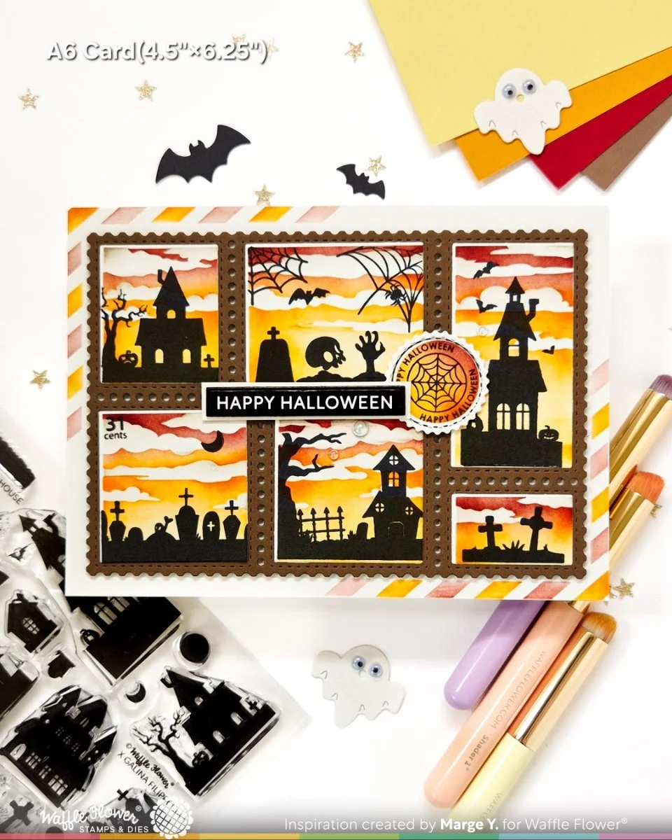 Waffle Flower - Postage Collage - Haunted House Silhouette Stamp Set