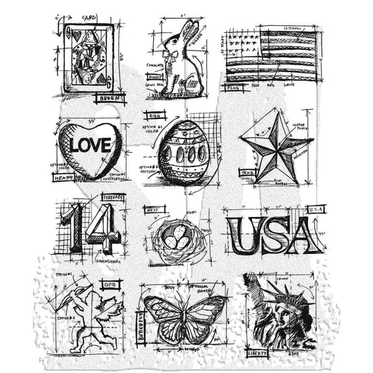 Tim Holtz - Mini Blueprints Cling Stamp Set