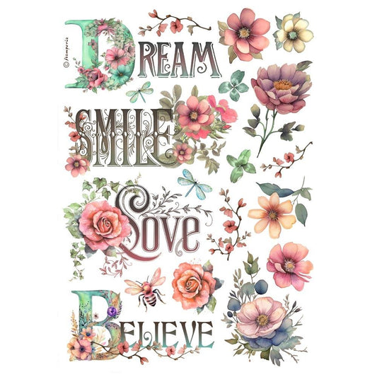 Stamperia - Rice Paper - Cream, Smile, Love, Believe