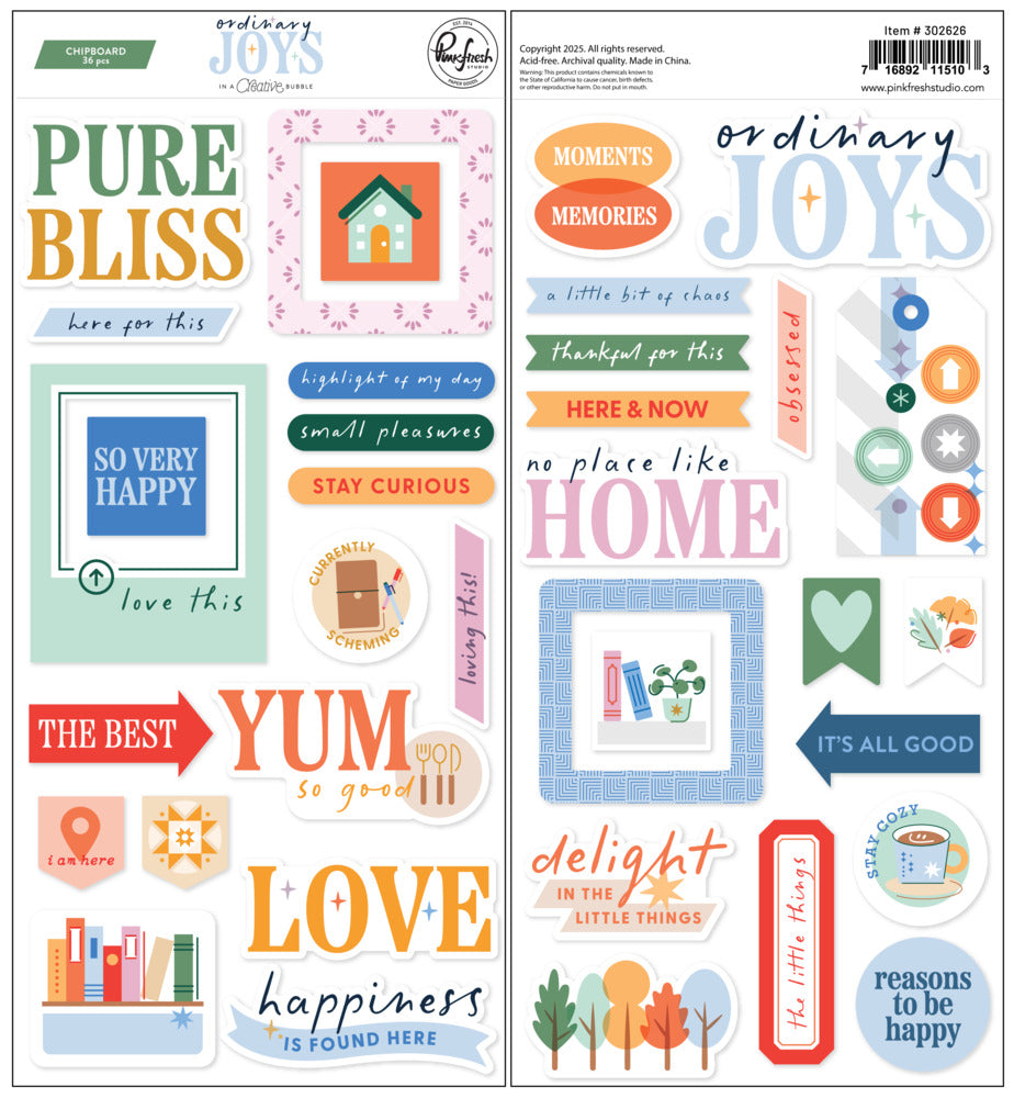 Pinkfresh - Ordinary Joys - Chipboard Phrase Stickers